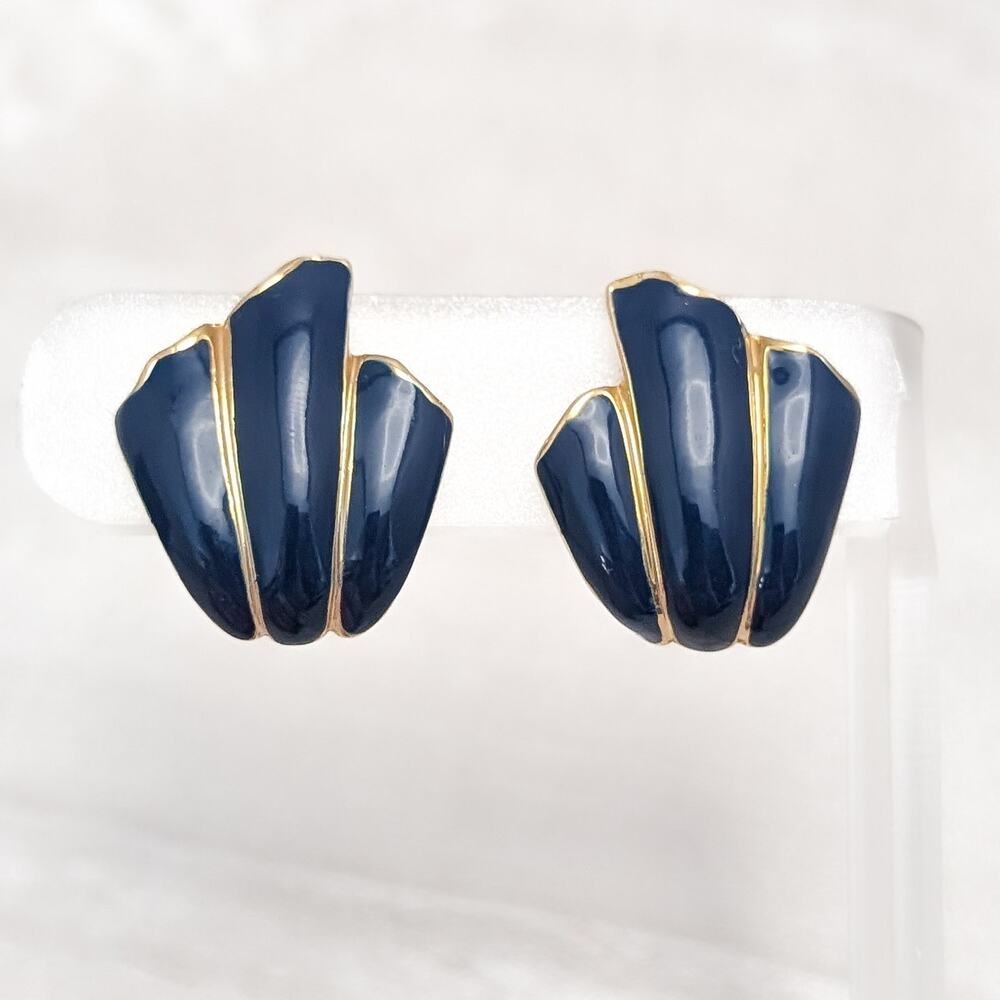 Vintage Clip On Earrings Statement Gold Tone with Blue Enamel Stylish 1"